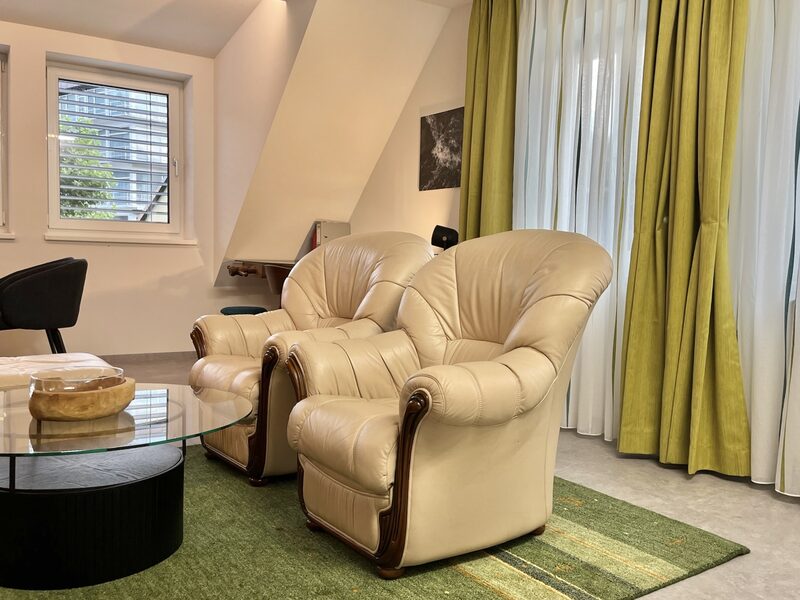 Zwei Ledersessel neben einer Fensterfront mit grünen Vorhängen