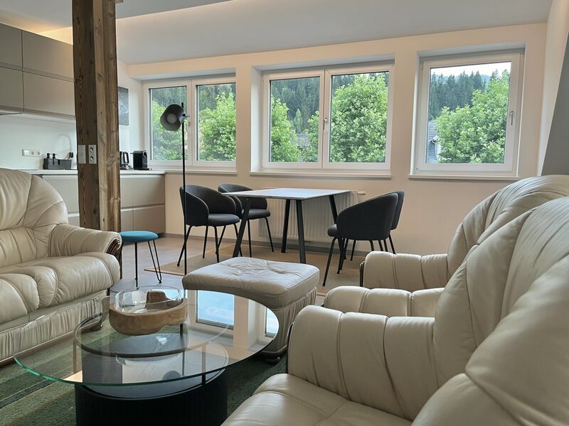 Wohnbereich mit Sofa, Sessel und Blick auf Fensterfront